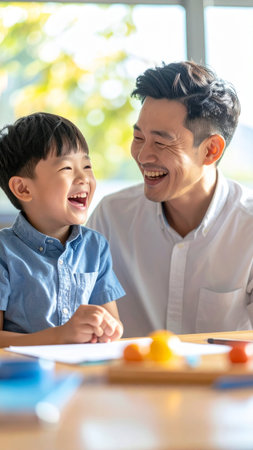 happy asian father and son drawing together at table in living roomの素材