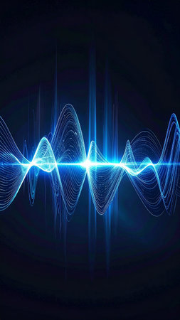 abstract blue sound wave on black background, technology concept, vector illustrationの素材