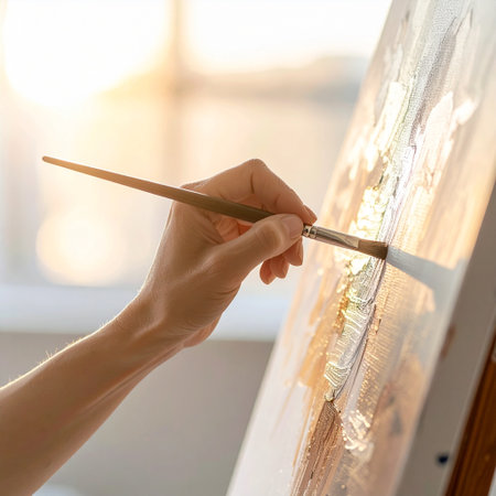 Female artist painting picture on canvas with brush, closeup of handsの素材