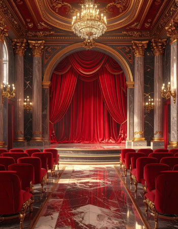 Luxury interior of the theater with red curtains and seats.の素材