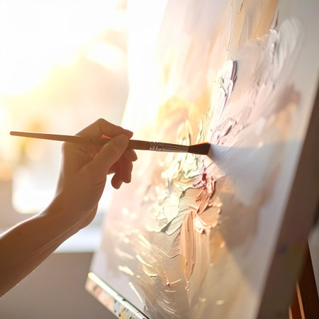 Female artist painting on canvas in her studio. Closeup of handsの素材