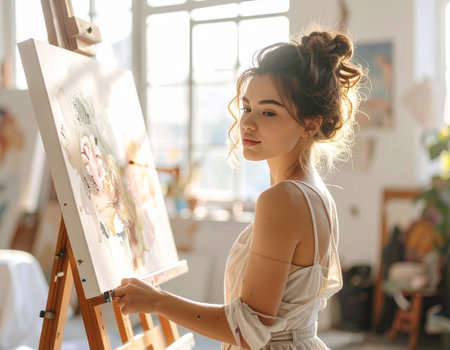 Beautiful young woman artist painting a picture on canvas in her studio.の素材