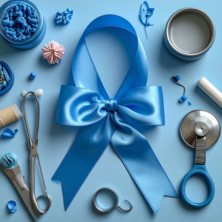 Blue ribbon, medical tools and accessories on blue background, top viewの素材