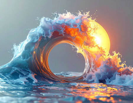 3D illustration of a big sea wave with a bright sun.の素材