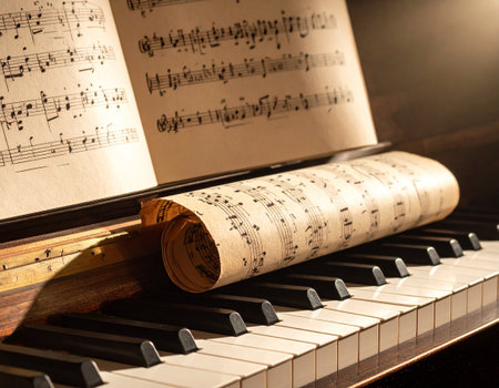 Piano keys and sheet music, close-up, selective focusの素材