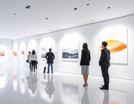 Group of business people looking at artworks in gallery, back viewの素材