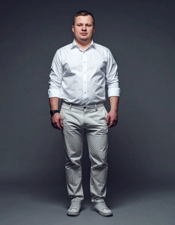 Full length portrait of a handsome man in white shirt and pants on gray backgroundの素材