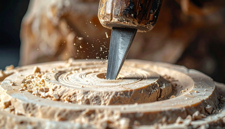 Hands of a carpenter working with a carving tool on a piece of woodの素材
