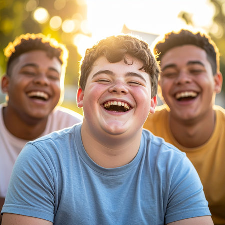 Portrait of a boy laughing with his friends on the background.の素材