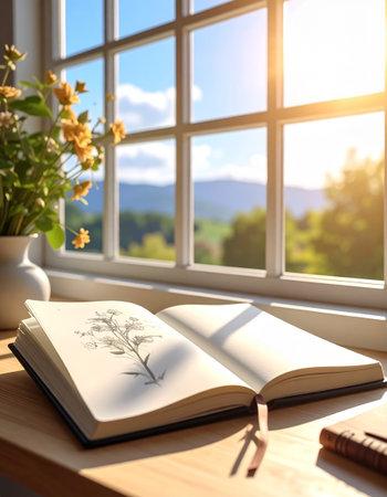 Open book on wooden table in front of window with countryside view.の素材