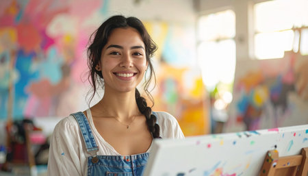 Portrait of smiling young female artist working on painting in her studioの素材