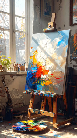 Painting easel in an artist's studio on a sunny dayの素材