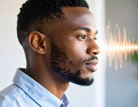african american man with sound wave in ear listening to musicの素材