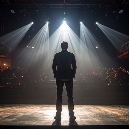 Rear view of a man standing in front of the stage lights.の素材