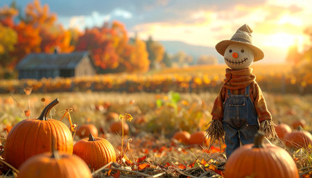 Halloween scarecrow in a pumpkin patch at sunset. Selective focus.の素材