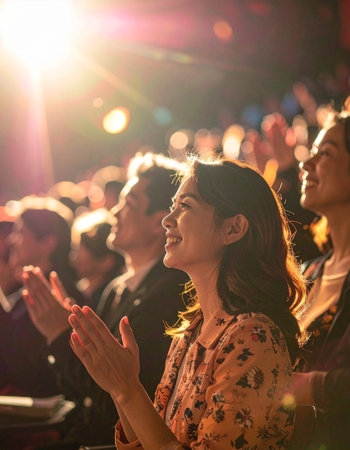 Crowd of people applauding at a concert in front of the stageの素材