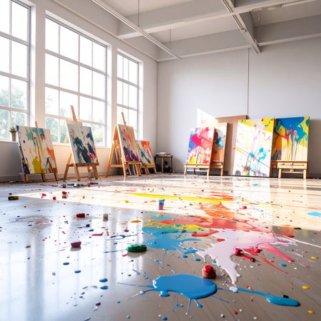Interior of a modern art studio with palette, easels and paintingsの素材