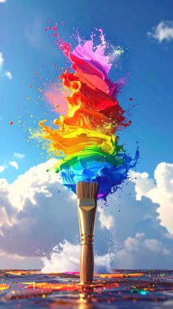 Paint brush with colorful paint splashes on blue sky background.の素材