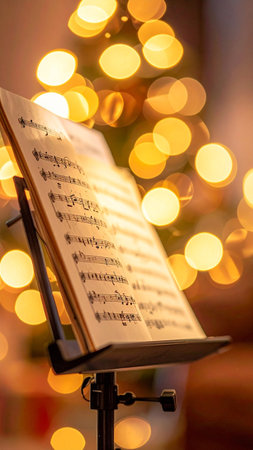 musical score on the background of a Christmas tree with bokehの素材