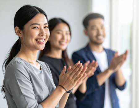 Happy asian business people clapping hands and applauding in officeの素材