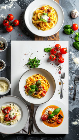Spaghetti pasta with tomato sauce, basil and parmesan cheese on a dark backgroundの素材