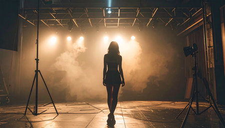 silhouette of a girl on the background of the stage lightsの素材