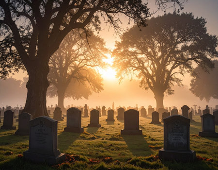 Sunrise at the old cemetery in the misty morning, Englandの素材