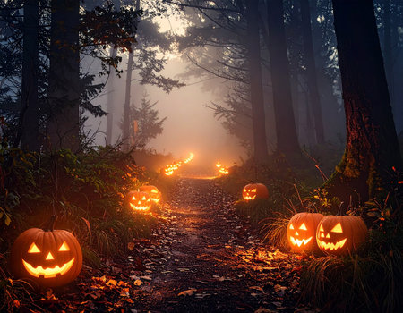 Halloween pumpkins in the foggy forest. 3d renderingの素材