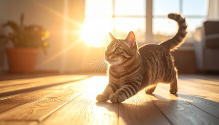 Cute cat on the wooden floor in the room at sunset.の素材