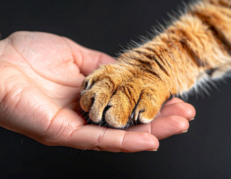 Cat paw in human hand on black background. Cat paw on human handの素材