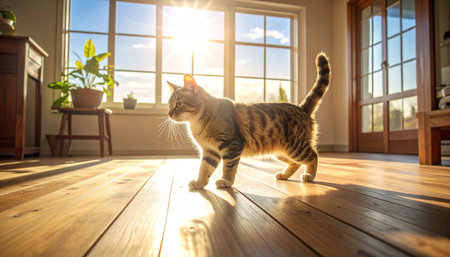 beautiful bengal cat walking in the room at sunset timeの素材