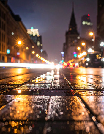 Raindrops on the street. Blurred background of the night city.の素材