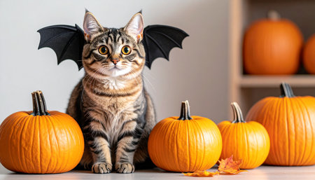 Cute cat with bat wings and pumpkins on a white backgroundの素材