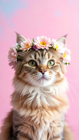 Cute cat with flower wreath on color background, closeupの素材