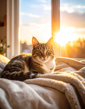 Cute tabby cat lying on the bed and looking at the sunsetの素材