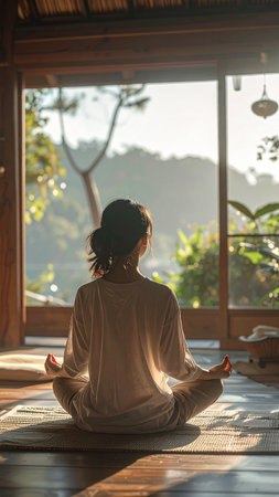 Young asian woman meditating in lotus position at home.の素材