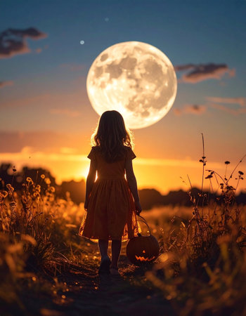 Little girl in witch costume with pumpkin on the field at sunset.の素材