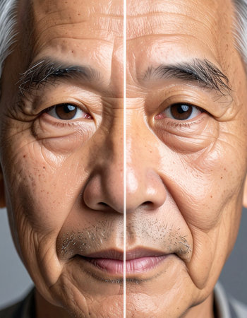 elderly asian man wrinkles before and after treatment, collageの素材