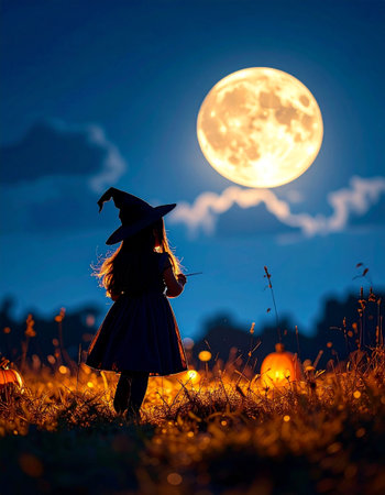Little girl in witch costume with pumpkins on the background of the full moonの素材