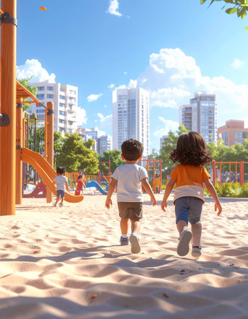 Children playing on playground. Kids having fun on sunny summer day.の素材