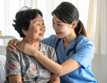 Asian nurse take care of senior or elderly old lady at home.の素材