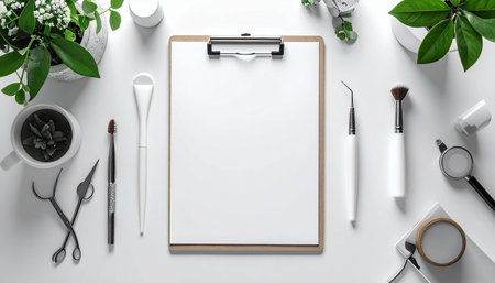 Top view of modern white office desktop with blank clipboard, stationery and green plants. Mock upの素材