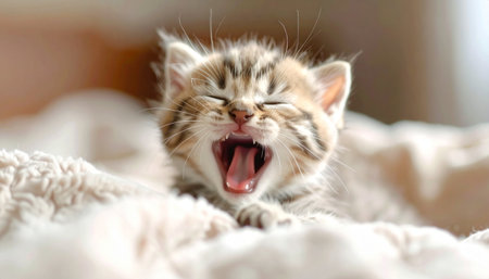 Cute little kitten yawning on the bed, close-upの素材