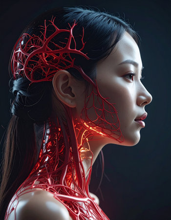 Woman with heart and circulatory system on a black background. 3d renderingの素材