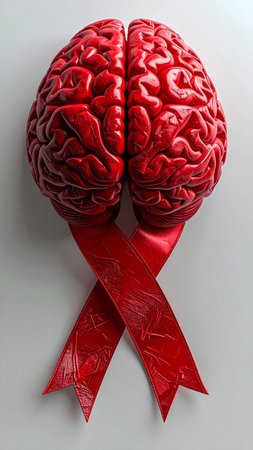 Brain with red ribbon as a symbol of the fight against breast cancerの素材