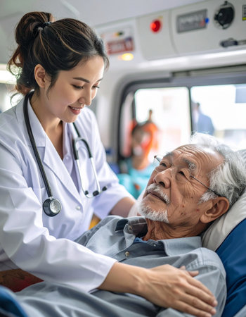 Asian female doctor examining senior patient in ambulance car. Healthcare and medical service.の素材