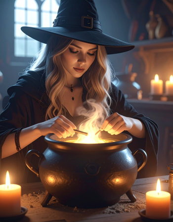 Beautiful witch preparing potion in cauldron in halloween celebrationの素材