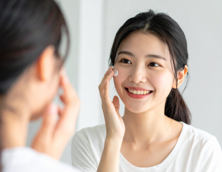 beauty woman applying cosmetic cream on her face at home. asianの素材