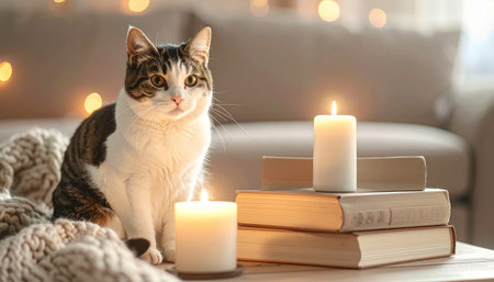 Cute cat with books and candles on sofa in room. Cozy atmosphereの素材
