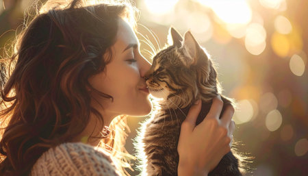 Beautiful young woman kissing her cat on blurred background, closeupの素材
